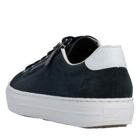 Tennis en cuir bleu marine à talon plat avec un zip et des lacets plats - Image 9