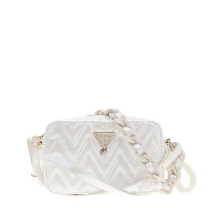 Sac à bandoulière écru effet pailleté pourvu du logo de la marque