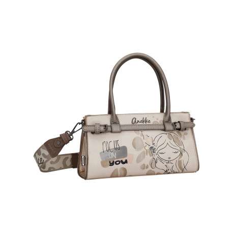 Sac à main beige à motifs avec des anses et une bandoulière amovible - Image 2