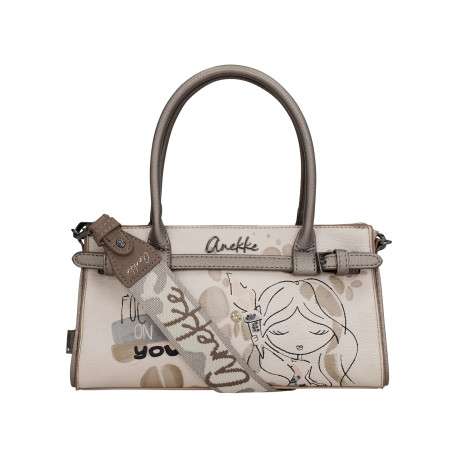 Sac à main beige à motifs avec des anses et une bandoulière amovible - Image 3