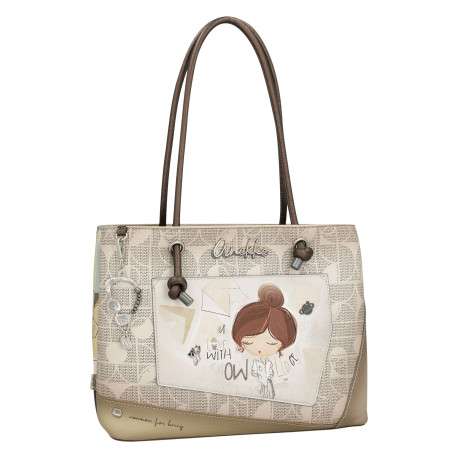 Sac porté épaule écru imprimé avec une poche extérieure zippée à l'arrière - Image 2