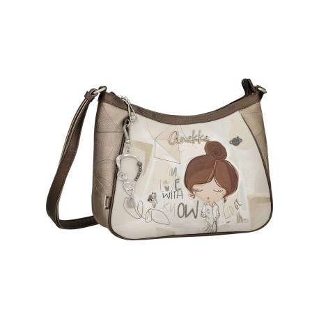 Sac à bandoulière écru imprimé avec une fermeture zippée sur le dessus - Image 2