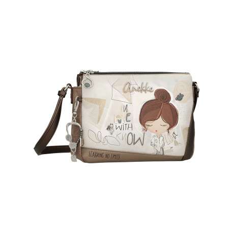 Sac à bandoulière écru imprimé avec plusieurs compartiments zippés - Image 2