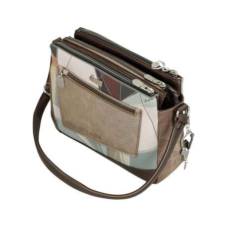 Sac à bandoulière écru imprimé avec plusieurs compartiments zippés - Image 6
