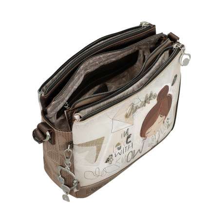 Sac à bandoulière écru imprimé avec plusieurs compartiments zippés - Image 7