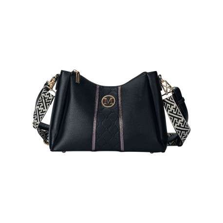 Sac à bandoulière noir uni avec une fermeture à zip et logo doré