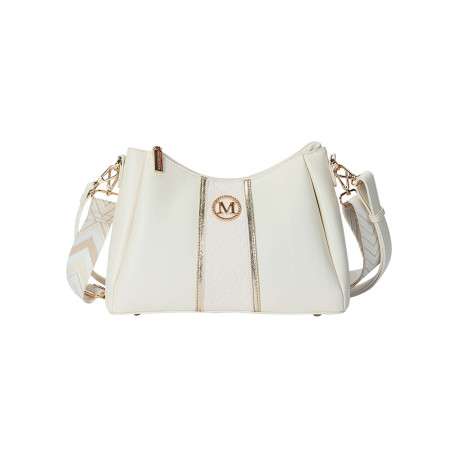 Sac à bandoulière blanc uni avec une fermeture à zip et logo doré