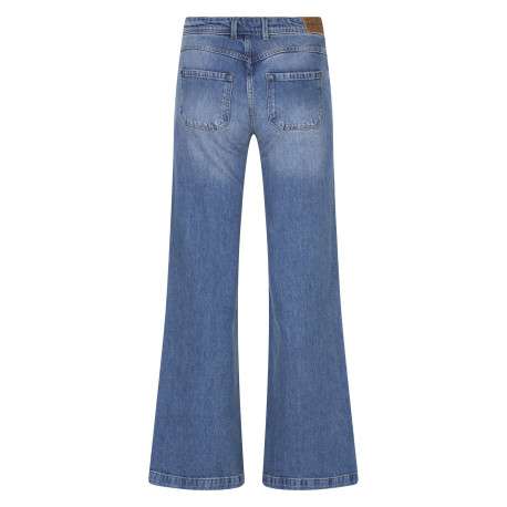 Jean en coton mélangé bleu denim délavé avec une coupe flare - Image 2