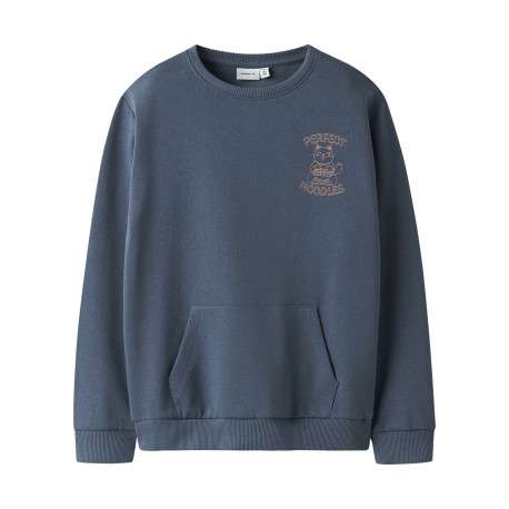 Sweat en coton indigo uni pourvu d'un imprimé chat et d'une coupe droite