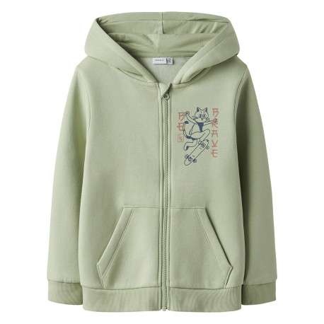 Sweat zippé en coton vert uni pourvu d'un imprimé chat et d'une coupe droite