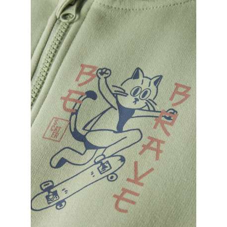 Sweat zippé en coton vert uni pourvu d'un imprimé chat et d'une coupe droite - Image 3