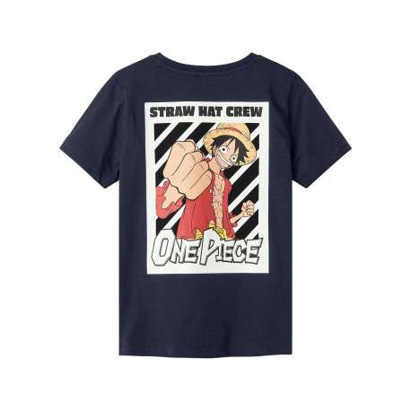 T-shirt en coton marine uni pourvu d'un imprimé one piece et d'un col rond - Image 2