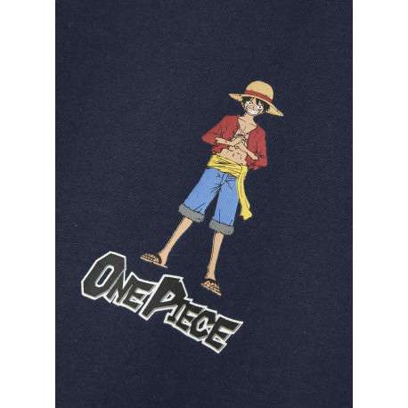 T-shirt en coton marine uni pourvu d'un imprimé one piece et d'un col rond - Image 3