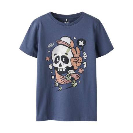 T-shirt en coton biologique indigo uni pourvu d'un imprimé tête de mort