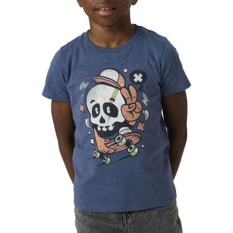 T-shirt en coton biologique indigo uni pourvu d'un imprimé tête de mort - Image 3