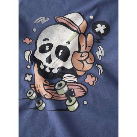 T-shirt en coton biologique indigo uni pourvu d'un imprimé tête de mort - Image 4