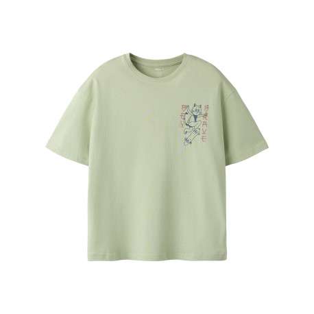 T-shirt en coton biologique vert uni pourvu d'un imprimé chat