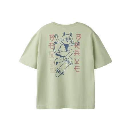 T-shirt en coton biologique vert uni pourvu d'un imprimé chat - Image 2
