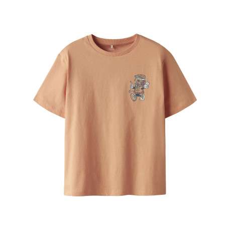 T-shirt en coton peche uni pourvu d'un col rond et d'un imprimé