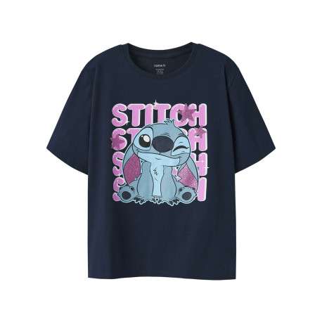 T-shirt en coton marine uni pourvu d'un imprimé stitch et d'un col rond