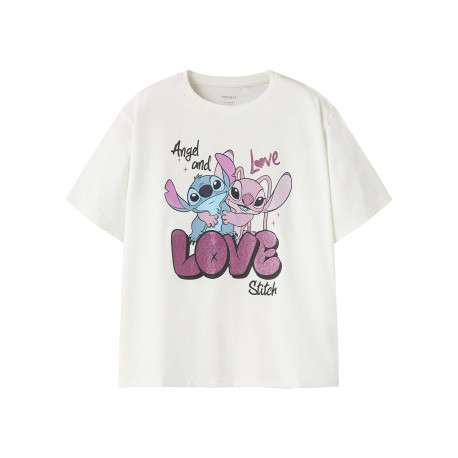 T-shirt en coton blanc uni pourvu d'un imprmé stitch et d'un col rond
