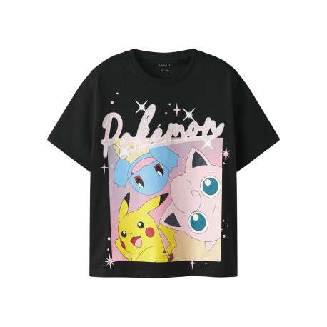 T-shirt en coton noir uni pourvu d'un col rond et d'un imprimé pokémon