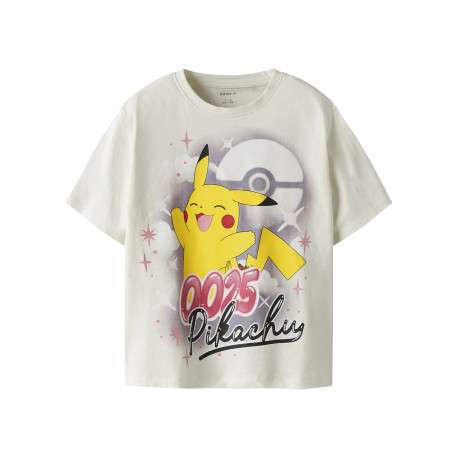 T-shirt en coton blanc uni pourvu d'un col rond et d'un imprimé pokémon
