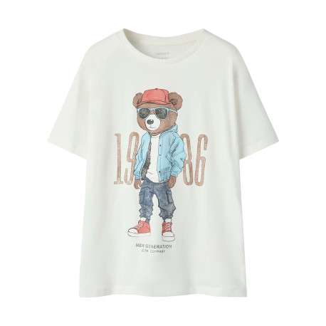 T-shirt en coton biologique blanc uni avec un imprimé ours et un col rond