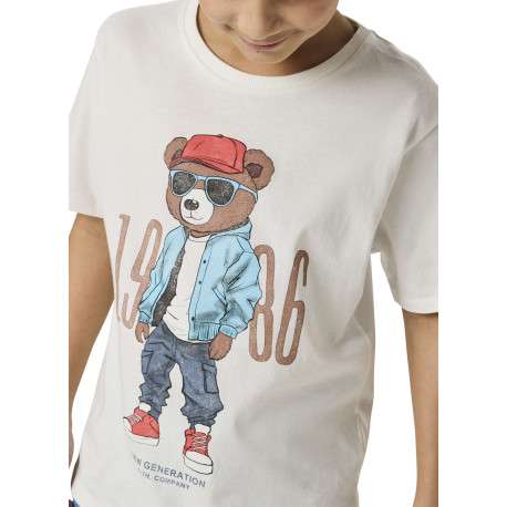 T-shirt en coton biologique blanc uni avec un imprimé ours et un col rond - Image 3