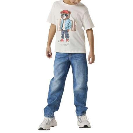 T-shirt en coton biologique blanc uni avec un imprimé ours et un col rond - Image 4