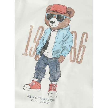 T-shirt en coton biologique blanc uni avec un imprimé ours et un col rond - Image 5