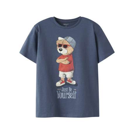 T-shirt en coton biologique indigo uni pourvu d'un imprimé ours