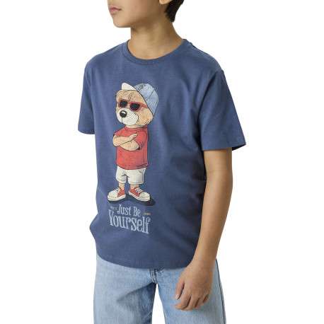 T-shirt en coton biologique indigo uni pourvu d'un imprimé ours - Image 3