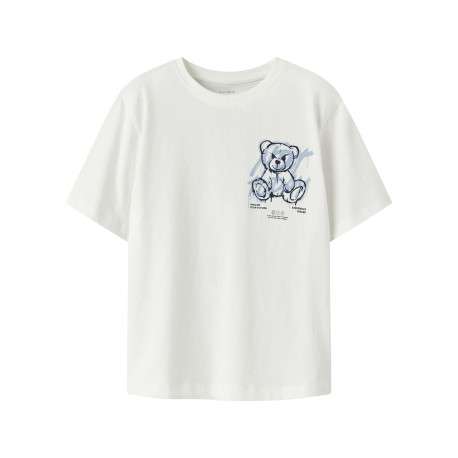 T-shirt en coton biologique blanc uni pourvu d'un imprimé nounours