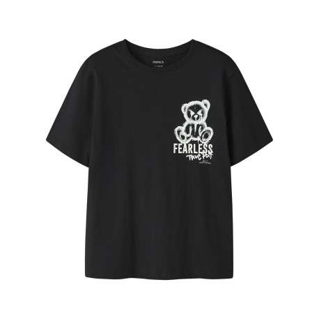 T-shirt en coton biologique noir uni pourvu d'un imprimé nounours