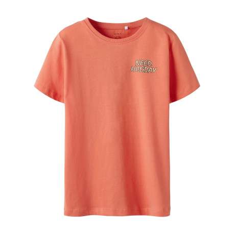 T-shirt en coton biologique corail uni pourvu d'un imprimé squelette
