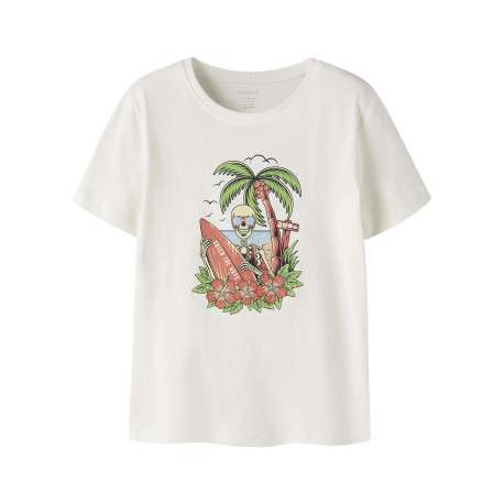 T-shirt en coton biologique blanc uni pourvu d'un imprimé squelette