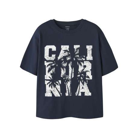 T-shirt en coton biologique marine uni pourvu d'un imprimé palmier