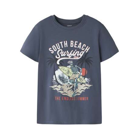 T-shirt en coton biologique indigo uni pourvu d'un imprimé squelette