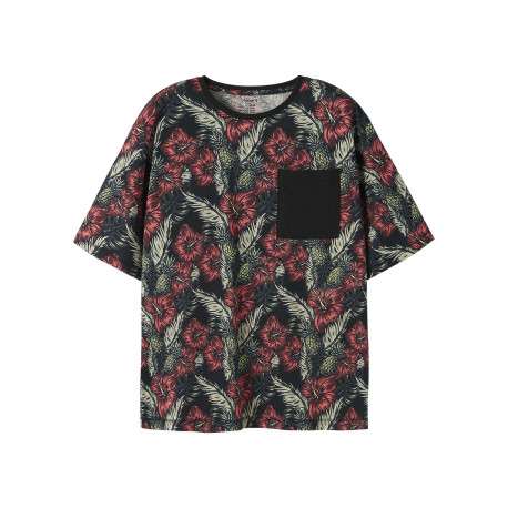 T-shirt en coton biologique noir à motifs pourvu d'une poche plaquée
