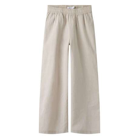 Pantalon chino en lin et coton beige uni pourvu d'une taille élastiquée