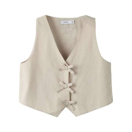 Top en coton biologique beige uni pourvu d'une coupe droite et d'un col v