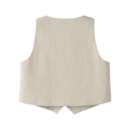 Top en coton biologique beige uni pourvu d'une coupe droite et d'un col v - Image 2