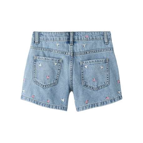 Short en coton bleu uni pourvu de coeurs brodés et de multiples poches - Image 2