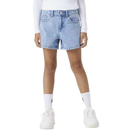 Short en coton bleu uni pourvu de coeurs brodés et de multiples poches - Image 3