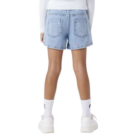 Short en coton bleu uni pourvu de coeurs brodés et de multiples poches - Image 4