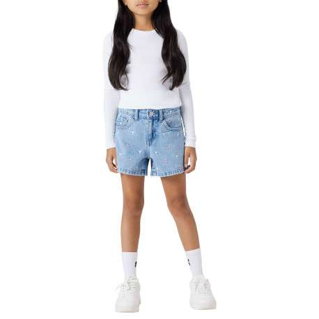 Short en coton bleu uni pourvu de coeurs brodés et de multiples poches - Image 5