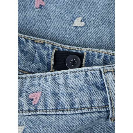 Short en coton bleu uni pourvu de coeurs brodés et de multiples poches - Image 6