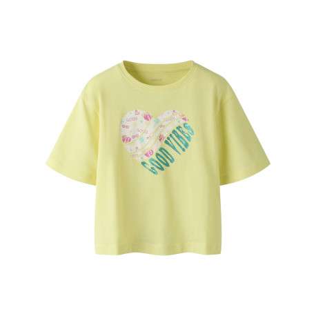 T-shirt en coton biologique jaune uni pourvu d'un imprimé en forme de coeur