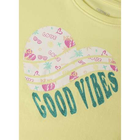 T-shirt en coton biologique jaune uni pourvu d'un imprimé en forme de coeur - Image 3